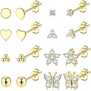 Jstyle 8 Pairs Sterling Silver Stud Earrings for Women Girls, 14K Gold Plated Heart Flower Butterfly Tiny Stud Earrings Set for Multiple Piercing, Hypoallergenic Small Cubic Zirconia Studs Earrings, Dainty Earrings for Women