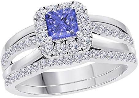 2.00 CT Princess Cut Created Tanzanite 14K Gold Plated Alloy Split Shank Halo Style Wedding Band Engagement Bridal Ring Set Size 4-12
