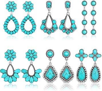 6 Pairs Turquoise Oval Earrings Turquoise Bohemian Dangle Cowboy Leather Vintage Earrings Boho Aztec Pattern Earrings for Women Girls