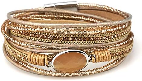 Chic Women's Beaded Cuff Bracelet with Braided Chain and Buckle Clasp, Leather Multilayered Design for Everyday Elegance