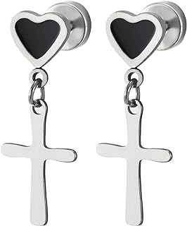 Premium Stainless Steel Women's Screw Back Stud Earrings with Black Enamel Heart and Cross Design - Unique 26mm Length Fashion Accessory