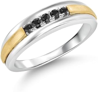 10K Yellow Gold Clasp with Men's Black Diamond Wedding Rings, Sterling Silver Chain, Round-Shaped Gem, for Stylish Males, Contemporary Design