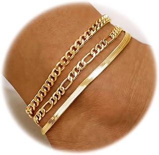 TOSGMY Gold Silver Ankle Bracelets for Women, 14K Gold Anklets for Women Waterproof Cuban Figaro Link Gold Anklet Set Layered Glitter Ankle Bracelet Silver Anklets for Teen Girls Jewelry Gift