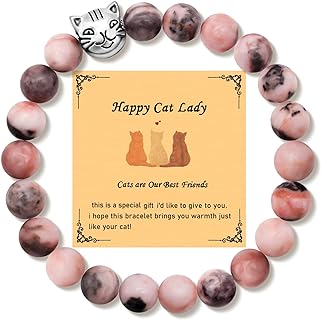 Yfstyle Bead Chain Cat Bead Bracelet with Natural Stones - Elegant Cat Lover Stretch Bracelet with Obsidian, Citrine, and Pink Beads - Perfect Gift for Women and Cat Enthusiasts