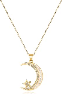 Elegant 14K Gold Plated Moon Star Pendant Necklace with Cubic Zirconia & Cable Chain - Exquisite, Versatile Copper Jewelry for Women