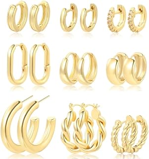 9 Pairs 14K Gold Plated Hoop Earrings for Women | Hypoallergenic Chunky Huggie Gold Earrings Set | Lightweight Small Thick Open Hoops Earrings Jewelry Pack for Women Girls