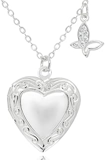 Love Heart Locket and Butterfly Pendant Necklace for Women Rhodium Silver Photo Lockets that Hold Picture Jewelry Christmas Gifts for Teen Girls [HN-LK-S]