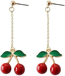 Gold Plated Green Leaf Red Cherry Earrings for Women Sweety Fruit Dangle Earring for Teen Girls (drop)