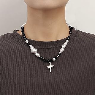 Black and White Crystal Beads Choker Necklace with Ball Chain and Ball Clasp for Women and Girls - Translucent Beads, CZ Cross Star Pendant Design