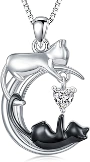 LONAGO White Cat and Black Cat Moon Pendant Necklace Silver Cat Necklace Jewelry Gift for Women Girls