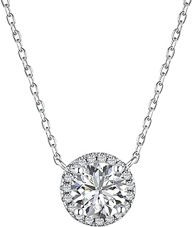 Ambica New York Solid 925 Sterling Silver Cubic Zirconia Solitaire Necklace - Faux Diamond Round Solitaire Halo Necklace – CZ Diamond Pendant Necklace- Minimalist Dainty Necklace for Women