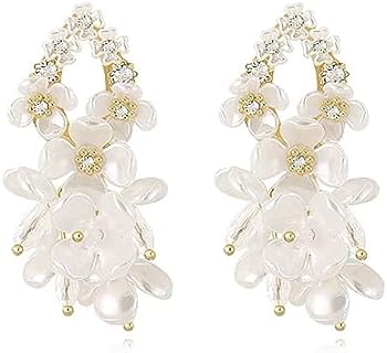 Acrylic Flower Teardrop Dangle Earrings for Women Girls Gold Plated Cubic Zirconia Artificial Pearl White Magnolia Blossom Flowers Cluster Statement Drop Dangling Stud Earrings Hypoallergenic Birthday Wedding Jewelry Gifts