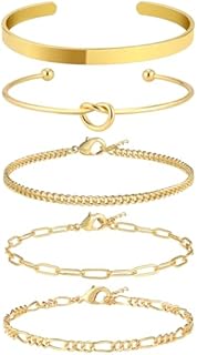 Gold Bracelet for Women Stack 14K Real Gold Plated Bangle Cuff Bracelet Set Gold Beaded Tennis Paperclip Cuban Link Chain Bracelets for Women Trendy Non Tarinish