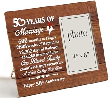 Nurawo 50th Wedding Anniversary Wood Picture Frame, Wall Mount or Tabletop Display, Perfect Marriage Keepsake for Parents, Couple, Husband and Wife, Rectangular Design