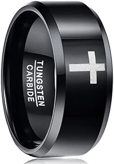 Cross Ring for Men 8mm/10mm Tungsten Wedding Bands Christian Rings with Beveled Edges Comfort Fit Size 7-12