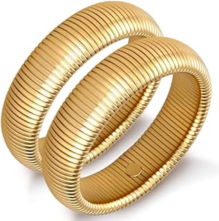 Gold Bangle Bracelets for Women Chunky Stretch Bracelet Set Stackable Bangles 14K Gold Plated Stainless Steel 10mm 16mm 20mm