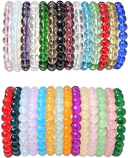 No-Clasp, Obsidian Round Bead, Glass Bracelet for Women- 28Pcs Multicolored Elastic Bead Chain