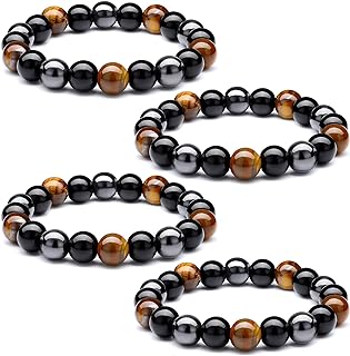 Easy Hook Hematite Iron Protection Bead Bracelet with Cord Chain for Men and Women, Triple Gem Combo of Tiger Eye, Obsidian, and Hematite Design