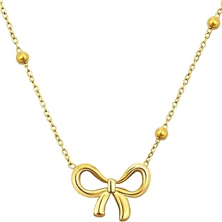Bow Necklace Gold Titanium Steel Bowknot Pendant Choker Necklace Beaded Planet Chain Collar Necklace for Women Girls Dainty Bow Jewelry Gifts, Gold Beaded Chain