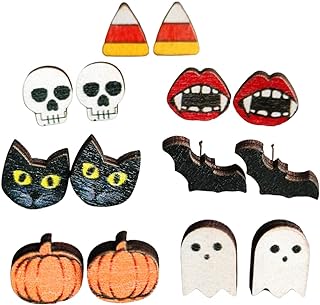 Unique Halloween Themed Dangle Earrings with Push Back, Featuring Cartoon Ghost, Pumpkin, Bat Designs - Wood and Zinc Materials