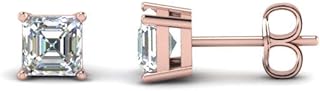 14K Rose Gold Plated Sterling Silver Asscher Cut Diamond Stud Earrings with Push Back for Women, Classic Design