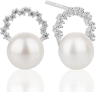 Pearlsays Natural Pearl Earrings for Women 925 Sterling Silver Stud Handpicked Real White Cultured Freshwater 7-7.5mm Fine Jewelry Gift for Women/Girls