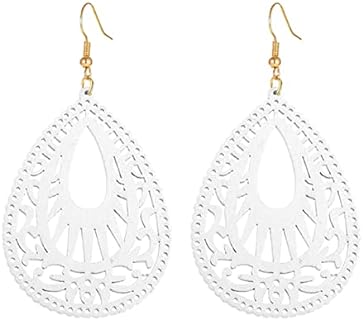 Bohemian Wood Earrings for Women Girls Handmade Natural Retro Lightweight Teardrop Geometric Hollow Wooden African Dangle Drop Geometric Statement Earrings Boho Vintage Ethnic