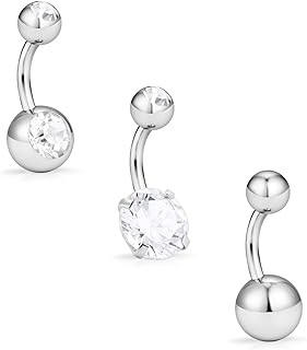 Hoeudjo 3Pcs Women's 14G Stainless Steel CZ Petite Belly Button Rings - 8mm Bar Length - Cubic-Zirconia Gem, Clear Design - for Girls and Women