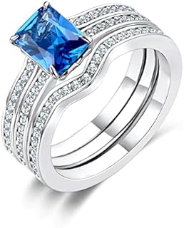 Three-in-One Sapphire Rings Set for Women and Girls, 14K White Gold Plated Blue Cubic Zirconia Promise Engagement Wedding Bands Ring