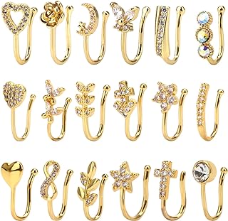 CrazyPiercing 18Pcs Fake Nose Ring CZ African Nose Cuffs Gold Faux Septum Nose Rings Clip on Nose Jewelry for Woman Non Pierced Jewelry(18P)