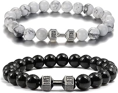 Black Dumbbell Bracelet for Men Gym Bros Bracelet Natural Black Volcanic Lava Stone Dumbbell Bracelet black Matte Beads Bracelets for Women Men Fitness Yoga Barbell Jewelry