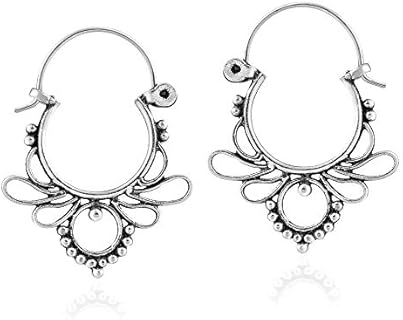 Bali Inspired Sterling Silver V-Lock Hoop Earrings for Women with Swirling Accents Design