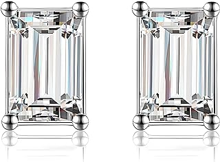 Faux Diamond Stud Earrings For Women 14k White Gold Plated Sterling Silver Cubic Zirconia Earring Studs for Men by Ginger Lyne 6mm 1 ct Emerald Cut Small Pierced Hypoallergenic Minimalist Jewelry