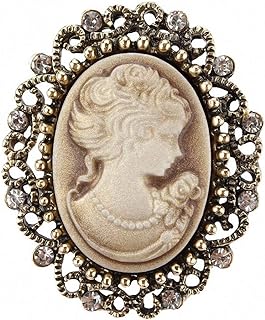 Pin-Clasp Vintage Monet Gold Brooch with Rhinestone Gems for Women in Queen Cameo Design