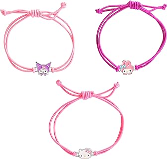 Girls' 3-Piece Hello Kitty Sanrio Cord Bracelet Set with Kuromi, My Melody Charms - Officially Licensed, No Gemstone, Adjustable, featuring Costume Metal Charms from China