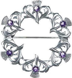 Alexander Castle 925 Sterling Silver Scottish Thistle Brooch Pin with Real Amethyst Stones & Jewelry Gift Box - Scottish Gift for Women