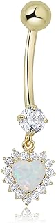 AVORA 10K Yellow Gold Belly Button Ring with Simulated Diamond and Opal Heart Design - 30mm Length Body Jewelry (14 Gauge)