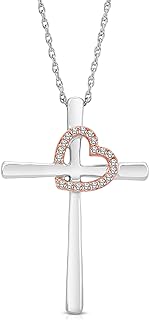 Two-Tone Sterling Silver and Rose Gold Diamond Heart and Cross Pendant Necklace with Rope Chain and Spring Ring for Her