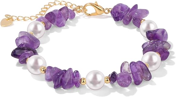 Exquisite Mother of Pearl Bracelet with Bead Chain and Buckle Clasp, Featuring Irregular Amethyst Chips for Women and Girls