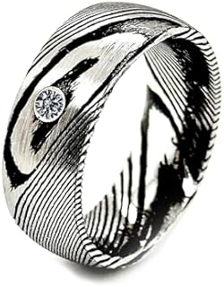 Damascus Steel Men's Wedding Bands with White Diamond Stone, Mens Engagement Rings, Men's Rings, Classic, One of a kind Ring, Minimalist, 8mm