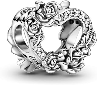 Sterling Silver EZ Tuxedo Heart Charms Adorned with Cubic Zirconia for Fashionable Women's Bracelets with Rose Flower Design