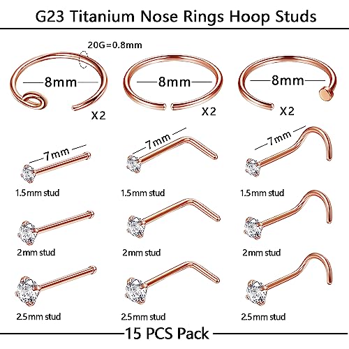15 Pcs 20G Hypoallergenic G23 Titanium Nose Rings Hoops Nose Piercing L Shape Nose Studs Corkscrew Bone Nose Rings Studs 1.5/2/2.5mm Tiny CZ Sets for Women Men