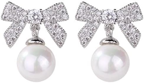 Platinum Plated Bow Tie Style Faux Pearl Statement Wedding Cocktail Party Dangle Drop Earrings