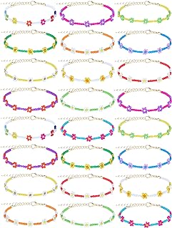 24 Pcs Colorful Daisy Flower Bead Bracelets Set for Women Y2K Handmade Daisy Flower Bracelets Beach Braided Beaded Anklet Boho Adjustable Aesthetic Summer Flower Jewelry for Women Girls