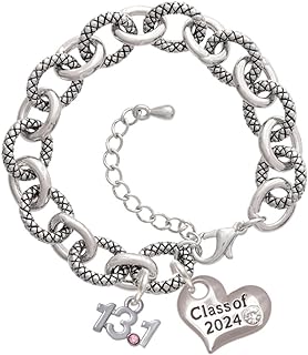 Delight Jewelry Silvertone Half Marathon - 13.1 with Crystal - Class of 2024 Heart Charm Link Bracelet, 7.25+1.25" Extender