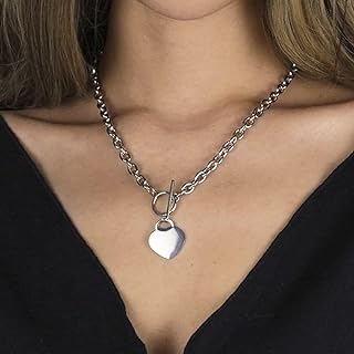 Heart Toggle Necklace Silver Stainless Steel Pendant Choker Charm Necklaces Cable Chain Jewelry for Women Girls