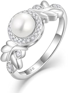 925 Sterling Silver Pink Pearl Engagement Ring with Cubic Zirconia for Women, 18k White Gold Plated, Hypoallergenic, Unique Olive Leaf Design - Ideal Gift for Her, Available in Sizes 6, 7, 8, 9