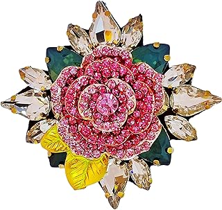 Italian Vintage Style Multi Leaves Cluster Ornate Fuchsia Rose Flower Brooch Pin Designer Jewelry