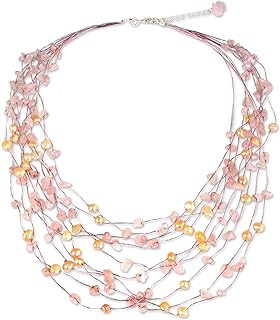 NOVICA Artisan Handmade Cultured Freshwater Pearl Rose Quartz Strand Necklace Unique Beaded Silk Silver Plated Brass Pink White Thailand Bridal Birthstone 'Cascade'
