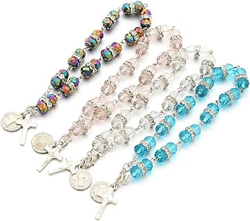 4 pcs Women's Cross Charms Beaded Stretch Rosary Bracelet Set Catholic Strand Simulated Pearl Beads Adjustable Elastic for Women Men
